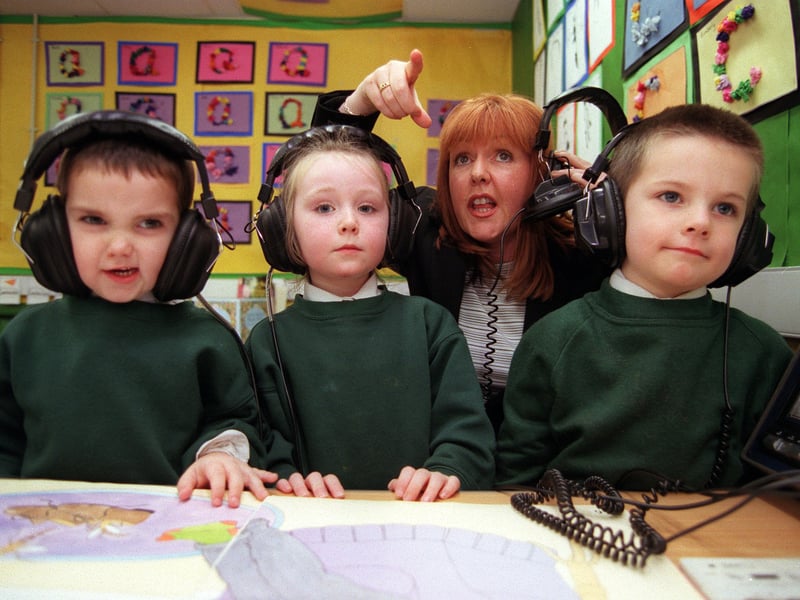 Senior teacher Angella O'Donnell with Primary 1 pupils at St Gilbert's Primary School, Glasgow, in 1999. It was using pioneering initiatives to calm the children and promote learning.