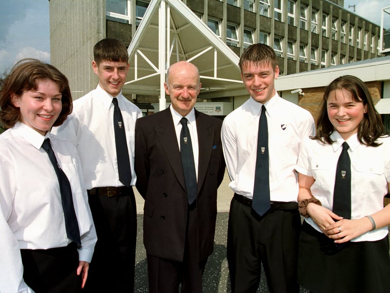 Headteacher Eric Melvin with sixth year pupils Janey Ross, Chris Miller, Craig Kennedy and Emma Coull at the official opening of Currie High School, Edinburgh, in 1998