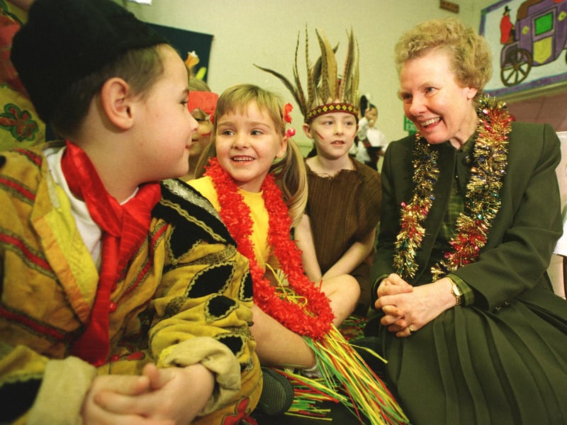 Catherine Douglas, headteacher at Balgreen Primary School, Edinburgh, in 1999 with pupils taking part in the school play. The children pictured are Kieran Wilson, Lisa Hanlon, Dale McKenzie and Claire Rafferty.