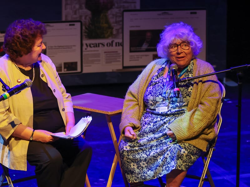 Presenter Joyce McMillan pictured with Miriam Margolyes on the stage