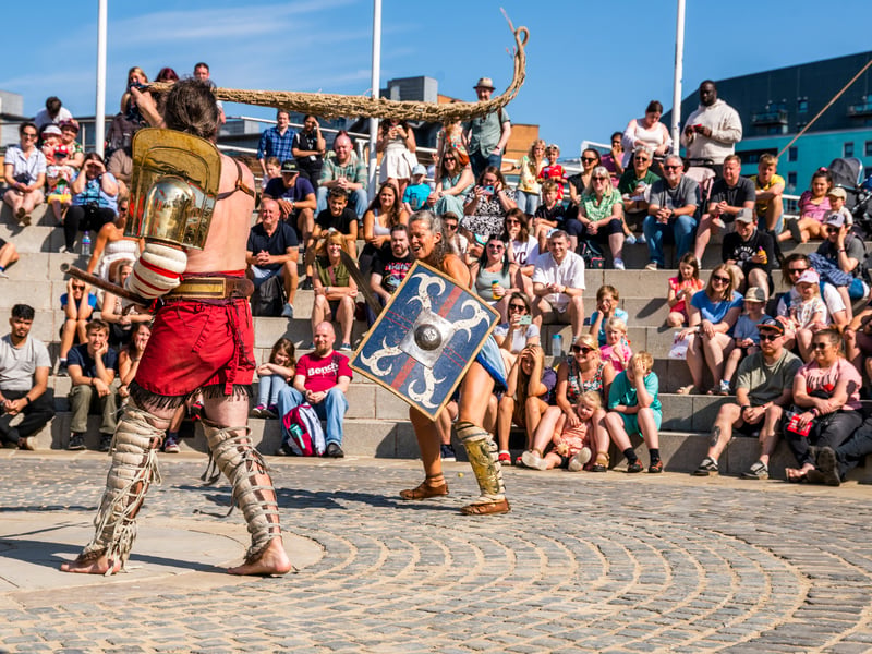 'Gladiatrix Ready' (female gladiator), performing a Roman gladiator demonstration of weaponry skills.