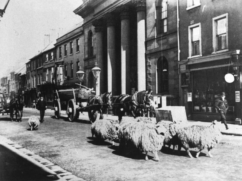 The elegant Guildhall, or town hall, building, on French Gate,  Doncaster, was built in 1847. Its imposing columns made it one of Doncaster's best-known and most-loved landmarks. It was sadly demolished in 1968, with a Marks & Spencer store now standing in its place.