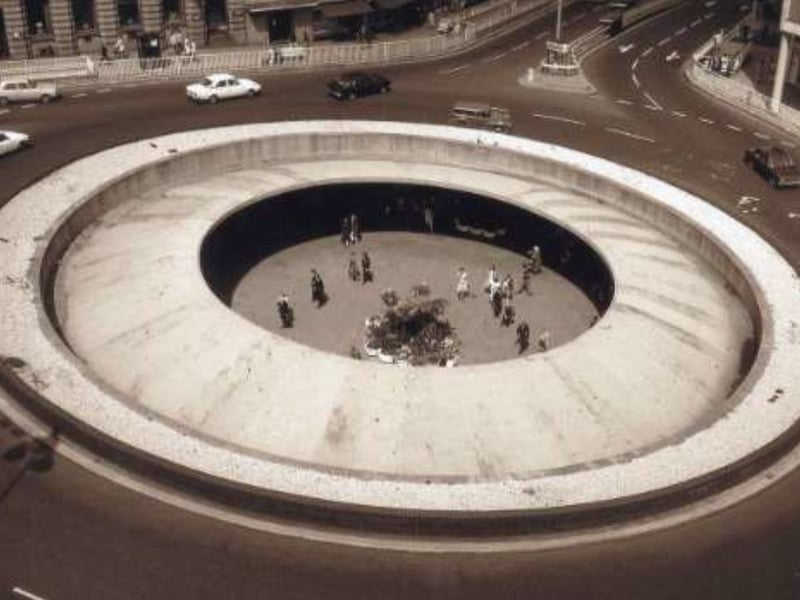 The Hole in the Road subway and roundabout in Sheffield city centre was completed in 1967. It famously had a fish tank built into the walls, and there were also escalators carrying pedestrians up to street level. It was a popular meeting place for many years but later became plagued by crime, graffiti and vandalism. It was demolished in 1994 to make way for the new Supertram network, and is one of the city's most-missed landmarks.