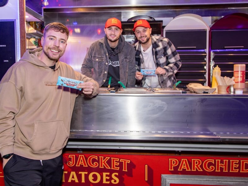 The world's most subscribed Youtuber Mr Beast, real name Jimmy Donaldson, at a SpudBros van