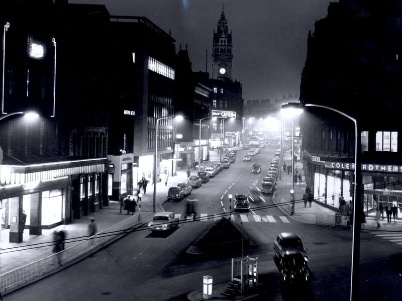 Fargate, Sheffield city centre, after dark in 1962