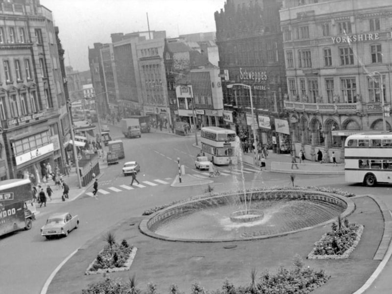 Town Hall Square, Sheffield, looking towards Fargate, in August 1967, with the Goodwin Fountain in the foreground