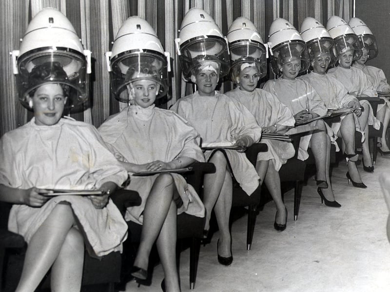 Sheffield United wives have their hair done at the Andre Bernard Salon on The Moor in February 1962. Pictured from left to right are: Pat Summers,Dorian Kettleboro, Hetties Shaw, Marie Hartle, Beryl Shaw, Mary Simpson, Shirley Richardson, Ina Hodgson and Brenda Hodgkinson.
