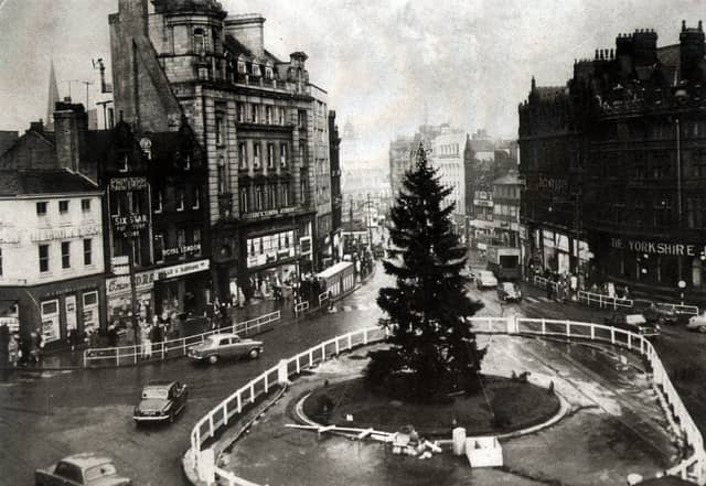 The huge Christmas tree at the top of Fargate, Sheffield city centre, in December 1972