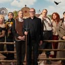 Taskmaster series 20 cast l to r: Maisie Adam, Sanjeev Bhaskar, Alex Horne, Greg Davies, Phil Ellis, Ania Magliano and Reece Shearsmith. Credit: Avalon