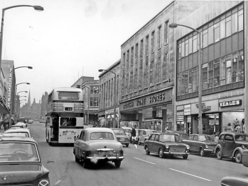 The Moor, Sheffield, in 1966, showing shops including Pauldens, British Homes Stores, and Neales ladies' outfitters