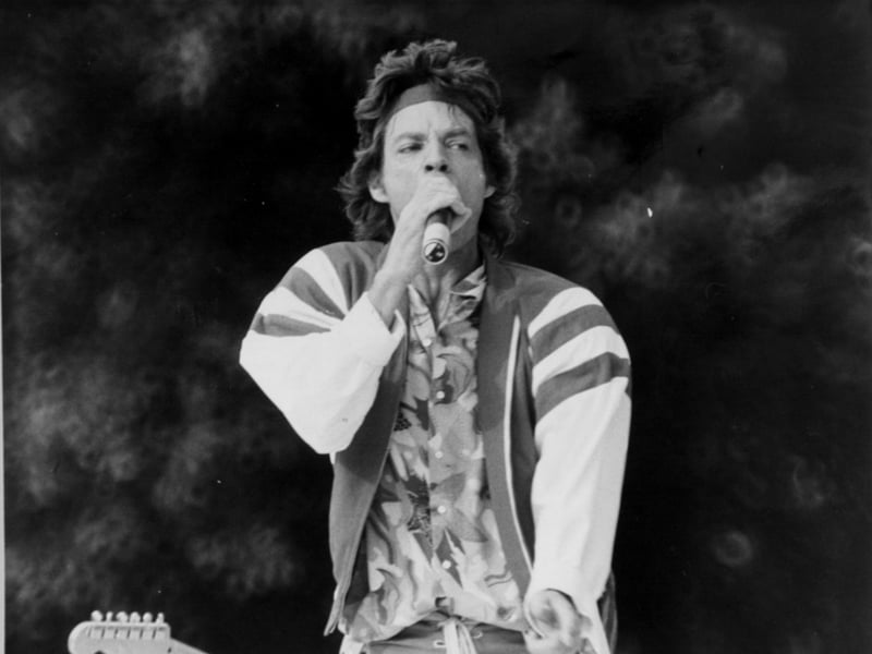 Sir Mick Jagger on stage during the Rolling Stones concert at Leeds' Roundhay Park on July 25, 1982