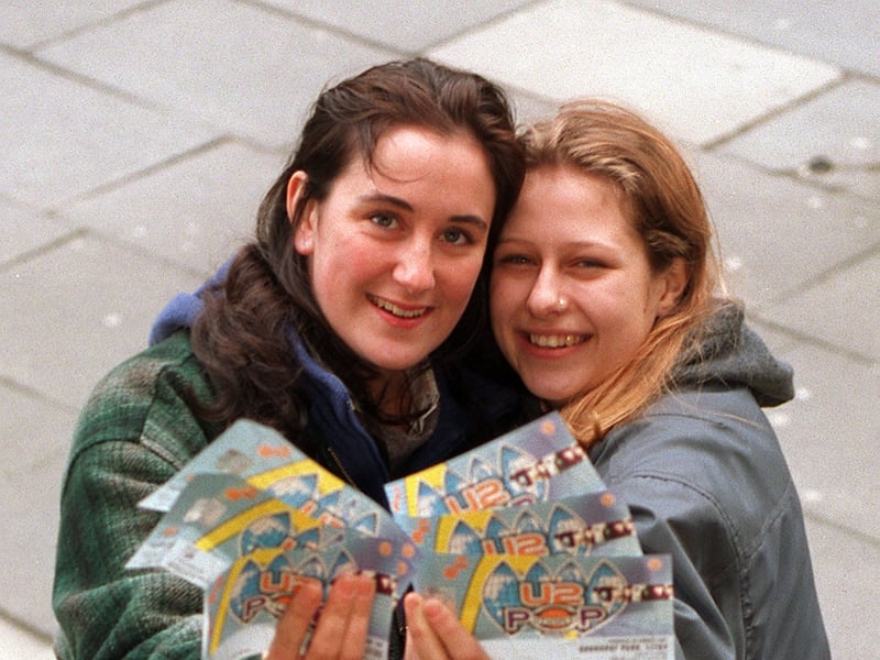 Emma Micklethwaite and Helen Roche, both 18, were first in the queue as tickets for the U2 concert at Roundhay Park, Leeds, went on sale in February 1997