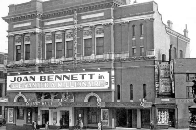 Albert Hall, on the corner of Barker's Pool and Burgess Street, Sheffield city centre, in 1932. It opened in December 1873 as a concert hall, began showing short films on a regular basis, and from June 1918 operated as a normal cinema. It was destroyed by fire on July 14, 1937.