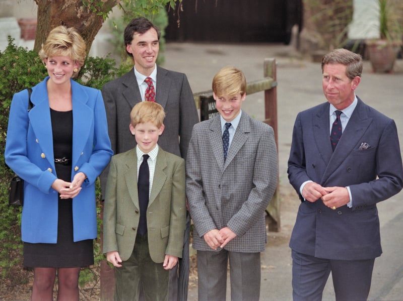 Prince William pictured on his first day at Eton College, on September 6, 1995, with his mother, Diana, Princess of Wales; Eton housemaster Dr Andrew Gailey; Prince Harry; and his father, Prince Charles