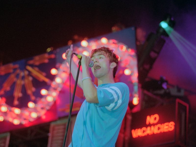 Blur frontman Damon Albarn on stage in June 1995