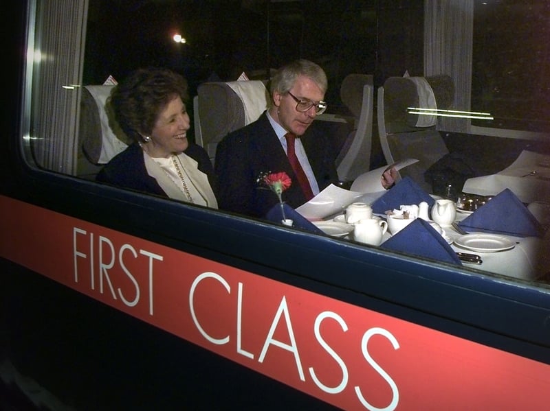Prime Minister John Major and his wife Norma on a train at King's Cross Station, bound for Teeside, in February 1997