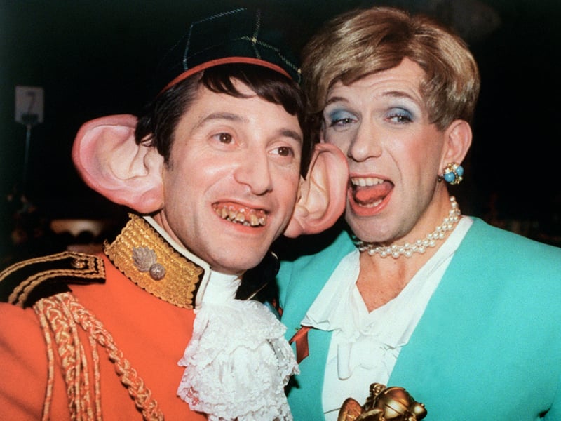 Eurotrash presenters Antoine de Caunes and Jean-Paul Gaultier attend the British Comedy Awards in December 1995, posing as Prince and Princess of Wales look-alikes