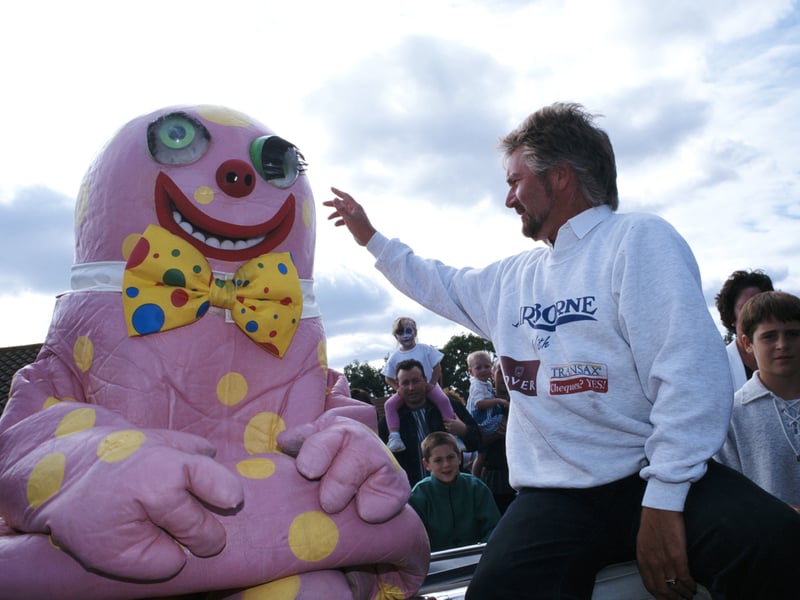TV Presenter Noel Edmonds and Mr Blobby, from Noel's House Party, in August 1995