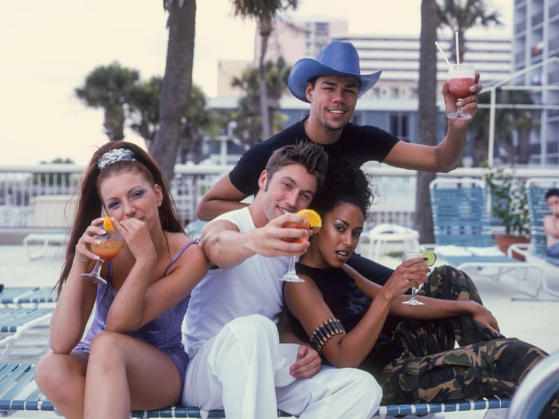 Eurodance group Vengaboys pictured in 1997, presumably waiting for the Vengabus
