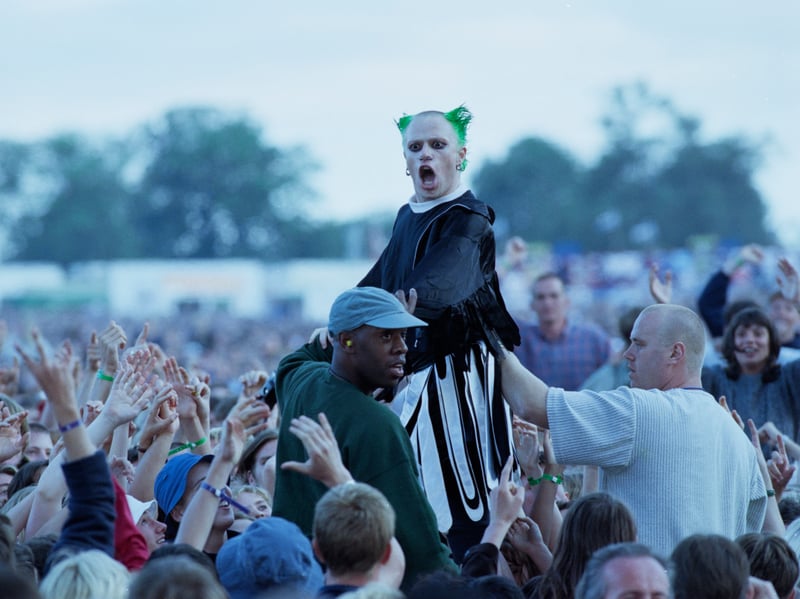 The Progidy's Keith Flint crowdsurfing at Knebworth, where the band were supporting Oasis, in August 1996