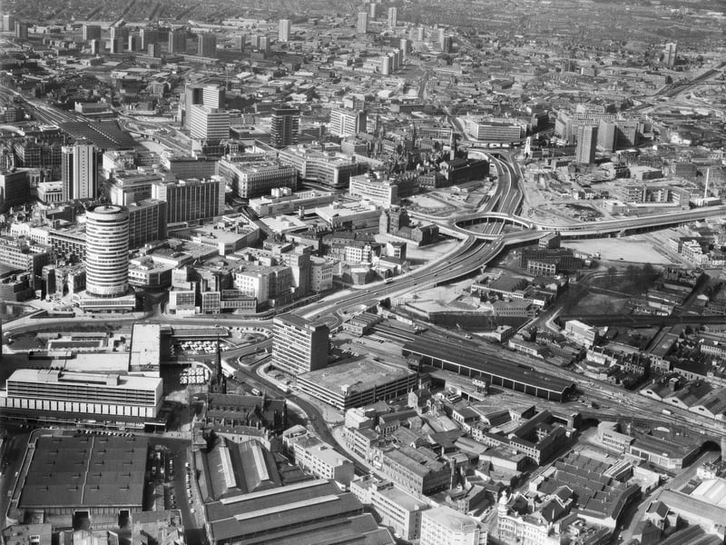 An aerial view of Birmingham city centre in 1971, including the Rotunda and Moor Street Station