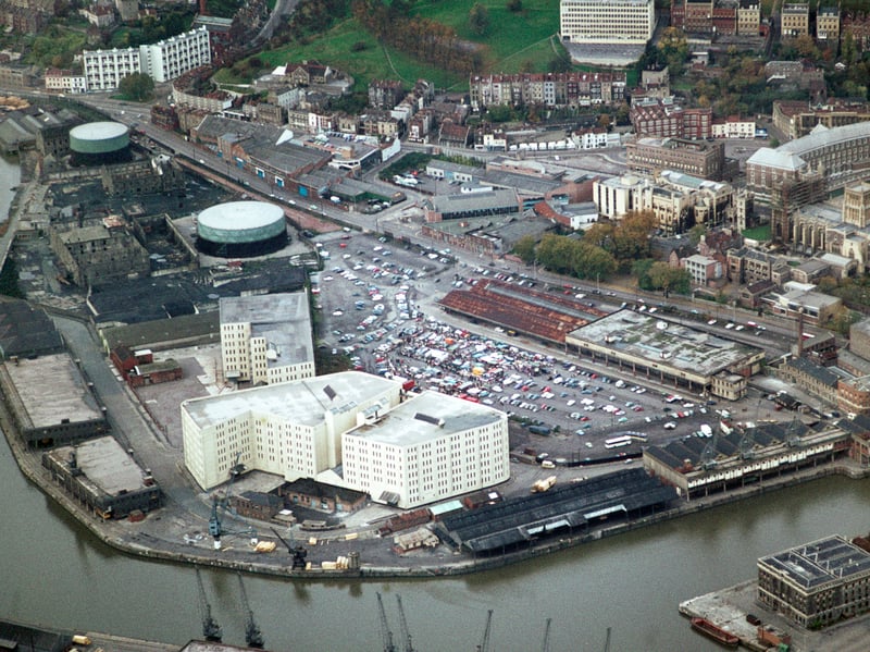 Canon's Marsh, Bristol, in 1970. The area has seen significant redevelopment. Pictured here are the gas works and an inter-war warehouse that has since been replaced by the Lloyds Bank HQ at Millennium Square.