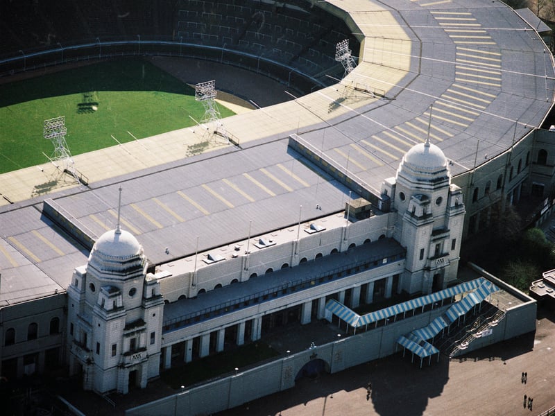 The twin towers of Wembley Stadium, London, in 1978