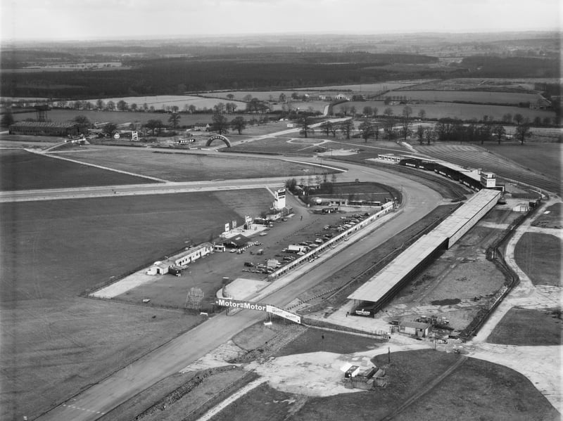 Looking down at Silverstone Motor Racing Circuit, Northamptonshire, in 1971. It is the home of the British Grand Prix, which that year was won by Jackie Stewart.