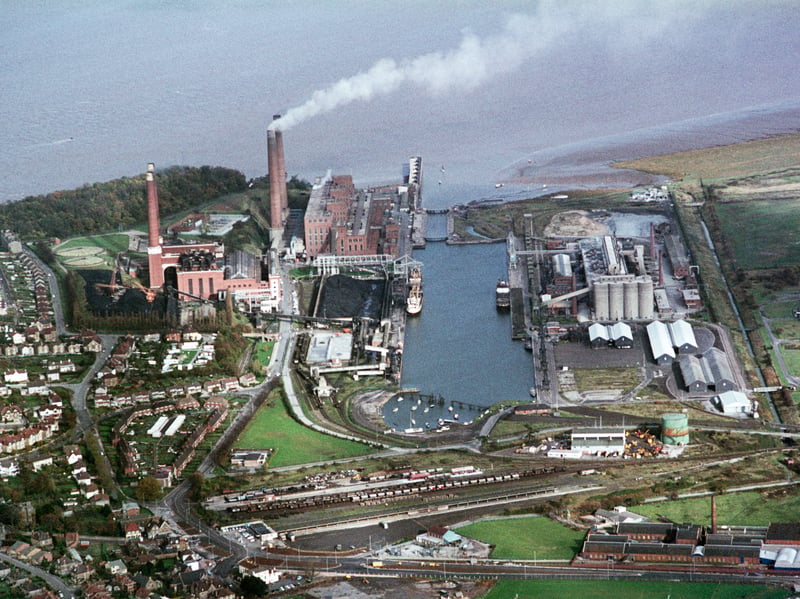 Portishead Dock, North Somerset, in 1970. When the adjacent power stations closed in 1982, the dock lost its primary purpose, and it was closed in 1992. It has since been redeveloped as a marina.