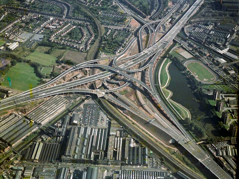 The Gravelly Hills Interchange, in Birmingham, better known as Spaghetti Junction. It is where Junction 6 on the M6 motorway meets the A38 and A5127 in a complex known as 'Spaghetti Junction'. It is pictured here in 1971, before being fully opened the following year.