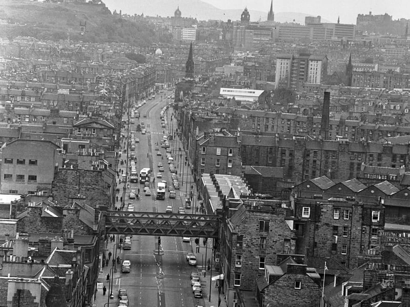A bird's eye view of Leith Walk in Edinburgh, showing the old railway bridge, which is no longer there, looking north to Princes Street, in October 1977
