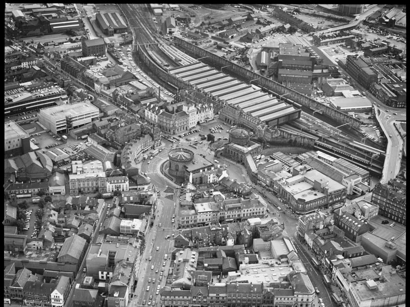 An aerial view of Carlisle town centre, the council offices and Citadel Railway Station, in 1977