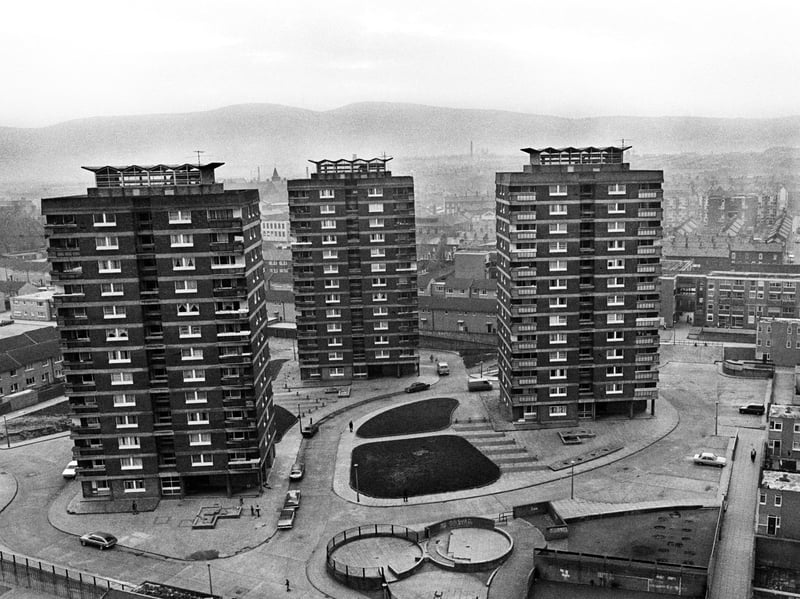 Tower blocks in the New Lodge district of North Belfast, including Alexander House, Alanbrooke House, Dill House and Templar House. They are seen from the rooftop of nearby Artillery House, in July 1972.
