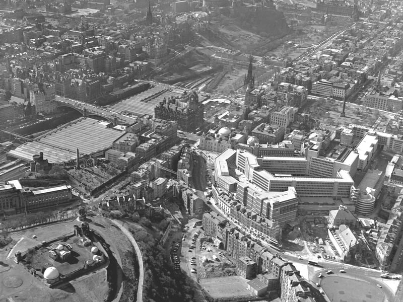 An aerial view of Edinburgh city centre in March 1973, showing Leith Walk, Waverley station, and St James Centre, Calton Hill, in March 1973.