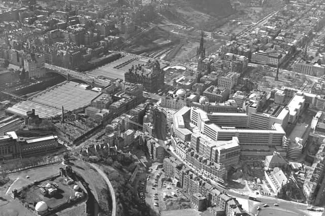 An aerial view of Edinburgh city centre in March 1973, showing Leith Walk, Waverley station, and St James Centre, Calton Hill, in March 1973.