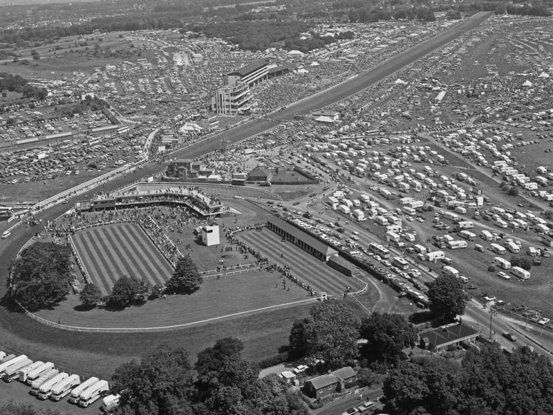 An aerial view of Epsom Downs Racecourse in Surrey on Derby day in June 1973