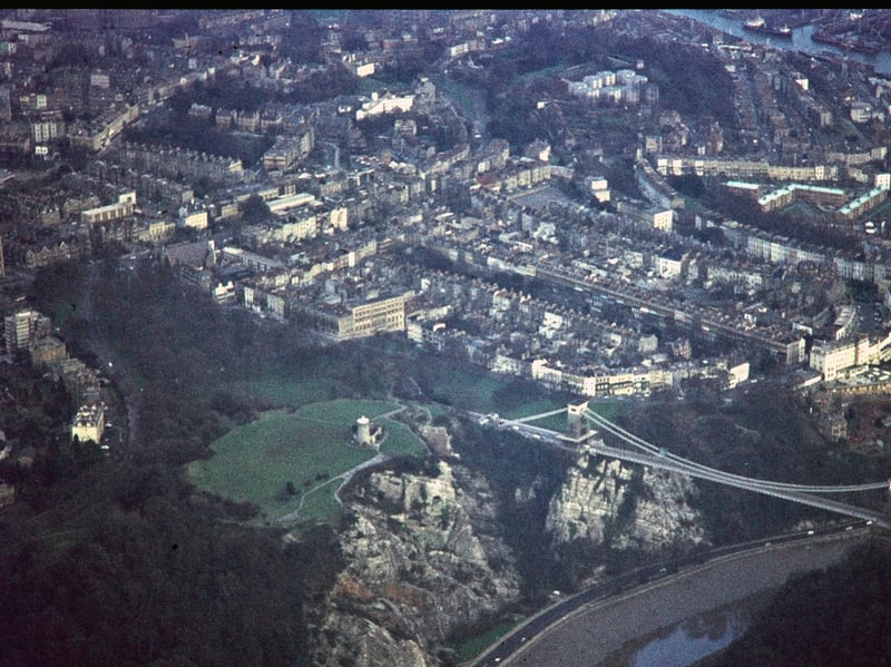 Clifton Suspension Bridge, Observation Hill and the suburb of Clifton, Bristol, in 1971