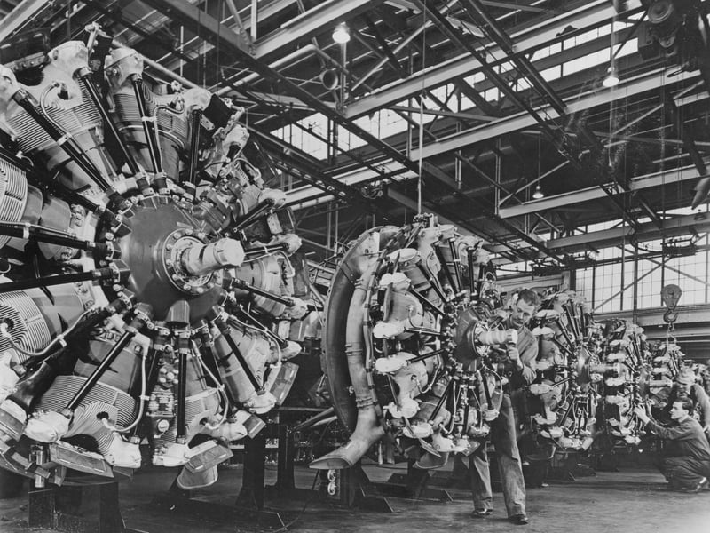 Jet Engine Development following the Second World War put Lancashire on the map. Rover & Rolls-Royce at Barnoldswick were at the the forefront. This picture shows aircraft engineers with radial engines supported on frames, around 1940