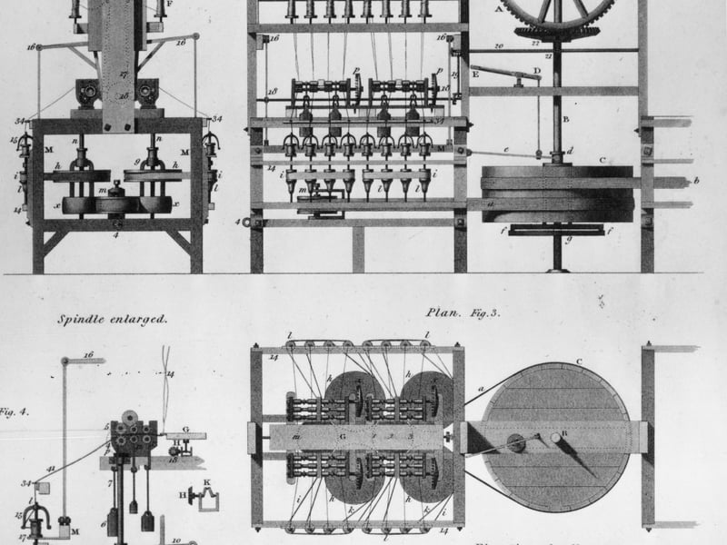 Detailed drawing of the parts of a water powered spinning frame used in the manufacture of cotton goods, 1831
