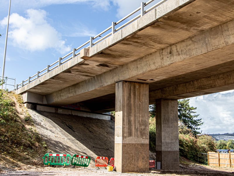 The repaired concrete can be seen on the underside of the eastbound bridge.
