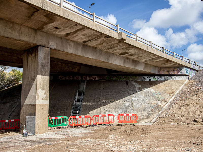 The concrete repairs are visible from underneath the bridge.