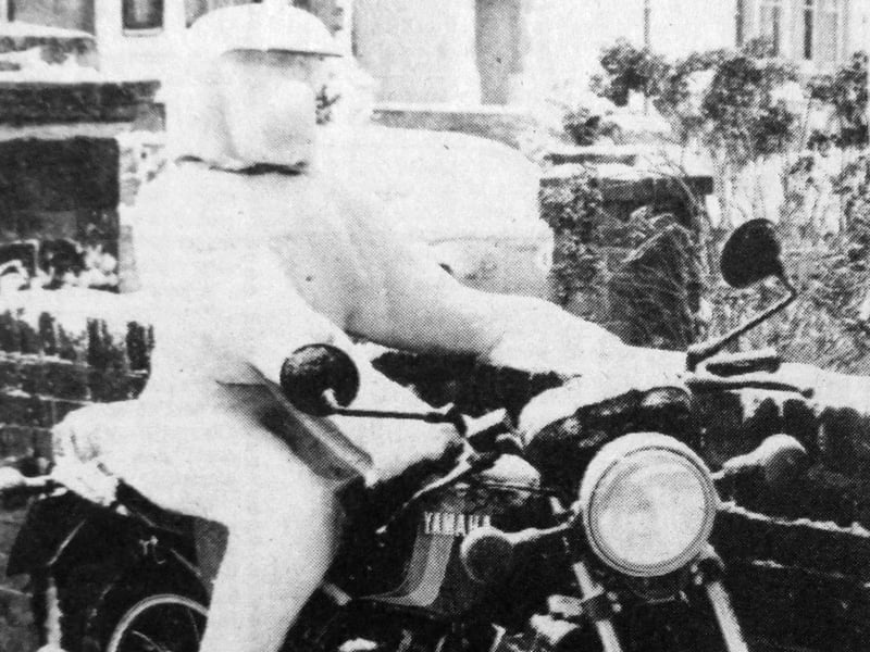 Flatmates of Lincoln Heard, from Shaftesbury Road, Southsea, made the most of the cold weather by sculpting this snowman motorcylist. Their snow-white speedster refused to get off his 250cc machine as he was frozen to the saddle, leaving Mr Heard to cold-foot it to work.