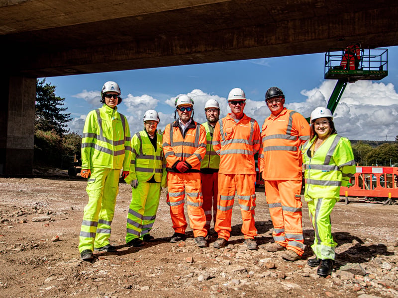 Pictured (L-R): Kat Saradinova - Head of Scheme Delivery (National Highways), Gemma Luckhurst - Programme Delivery Manager (National Highways), Andy Weeks – Project Manager (Volkerlaser), Pete Lucie - Construction Manager (National Highways), Paul Lonergan - Assistant Site Manager (Volkerlaser), Gary Groenewald – Site Supervisor (Volkerlaser) and Jo Gray – Media Relations Manager (National Highways)