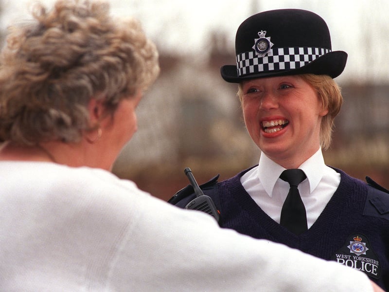 Allo, allo, allo... what's all this then? Police sergeant Mariane Huison on duty around Holbeck in February 1998.