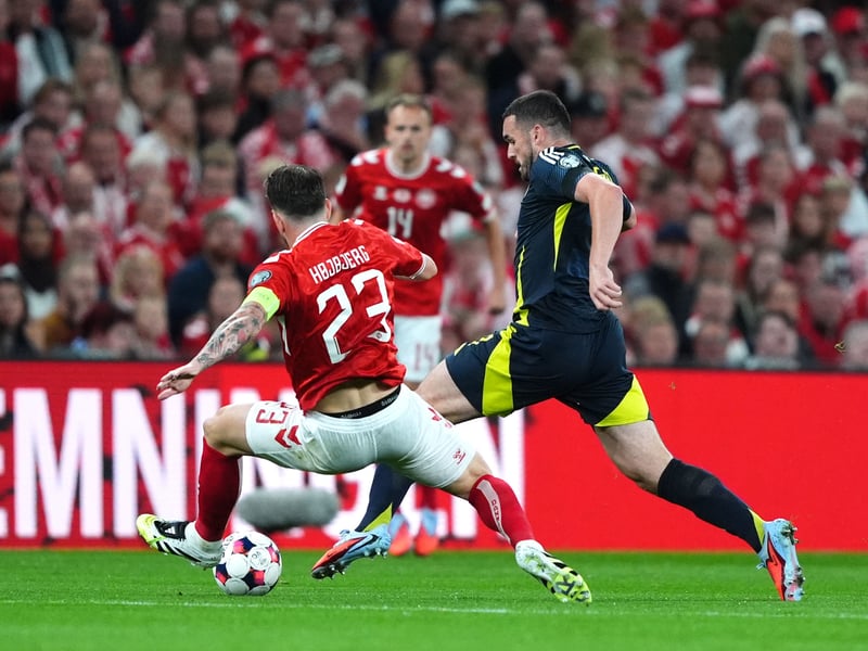 Stationed in a fairly unfamiliar right-wing position, McGinn's main powers of strength and determination were not diminished. Drew an early yellow card from Denmark captain Hojbjerg and had a presentable chance at the back post from a 19th-minute corner. Saw an early second-half effort crucially blocked by Maehle. Never, ever stopped going. 8