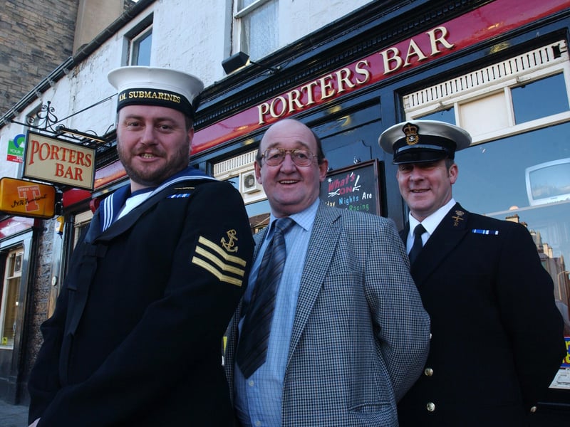 Landlord Matt Stoves outside Porter's Bar in 2003, with members of the navy, L.O.M. (S.S.M) Dodger Long (left) and C.P.O.(C.A.) Ian Faulkner. Matt had recently finished the navy room in his new bar, which was full of items of interest related to the navy.