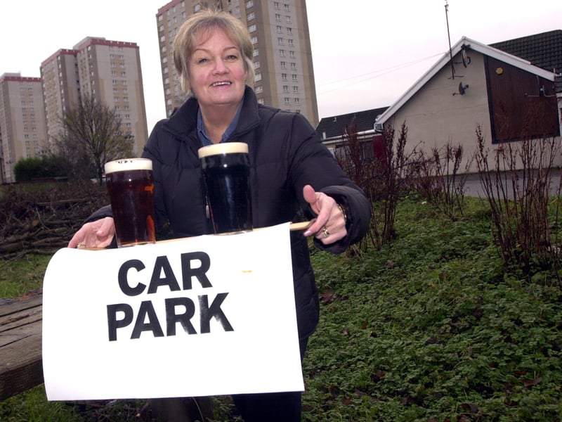 Julia Horton. landlady of the Jolly Farmer pub, in December 2001. The pub was planning to expand its car park and charge a fee for visitors and staff of the new Edinburgh Royal Infirmary nearby.