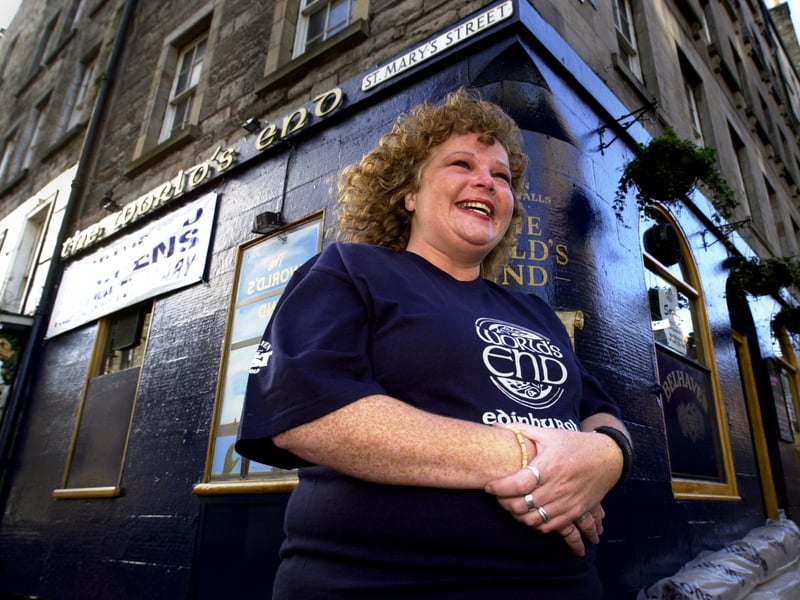 Annie, landlady of the famous World's End pub in Edinburgh, pictured in 2002