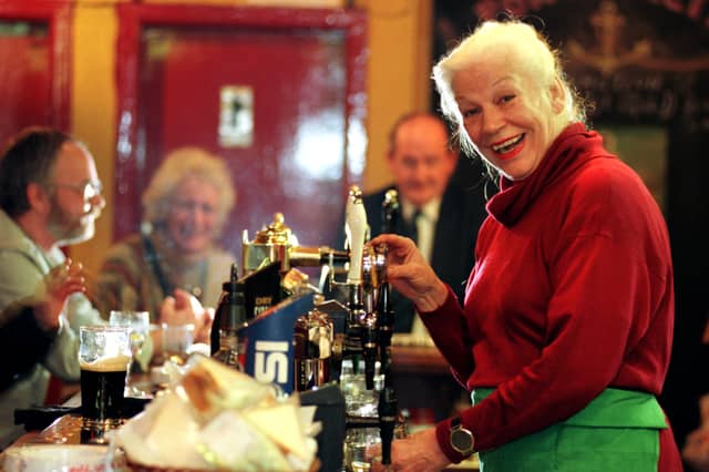 Landlady Mary Moriarty at the Port O' Leith pub, in 1998, after it reached the Scottish shortlist in the British Community Pub of the Year Awards.