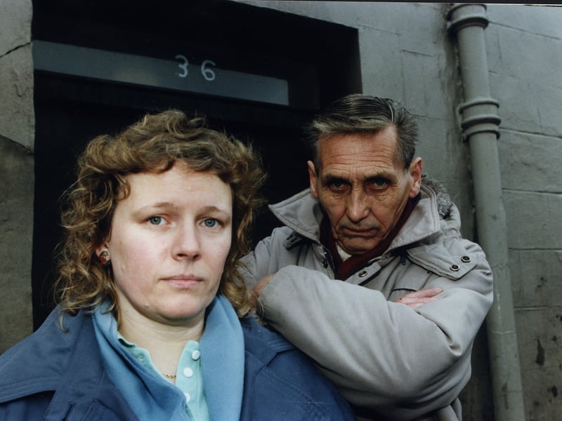 Susan Shanley, landlady of the Mechanic Arms, with pub regular Dougie Taylor, in 1997. It had been forced to close after a Transit van careered into it, jamming the door shut.